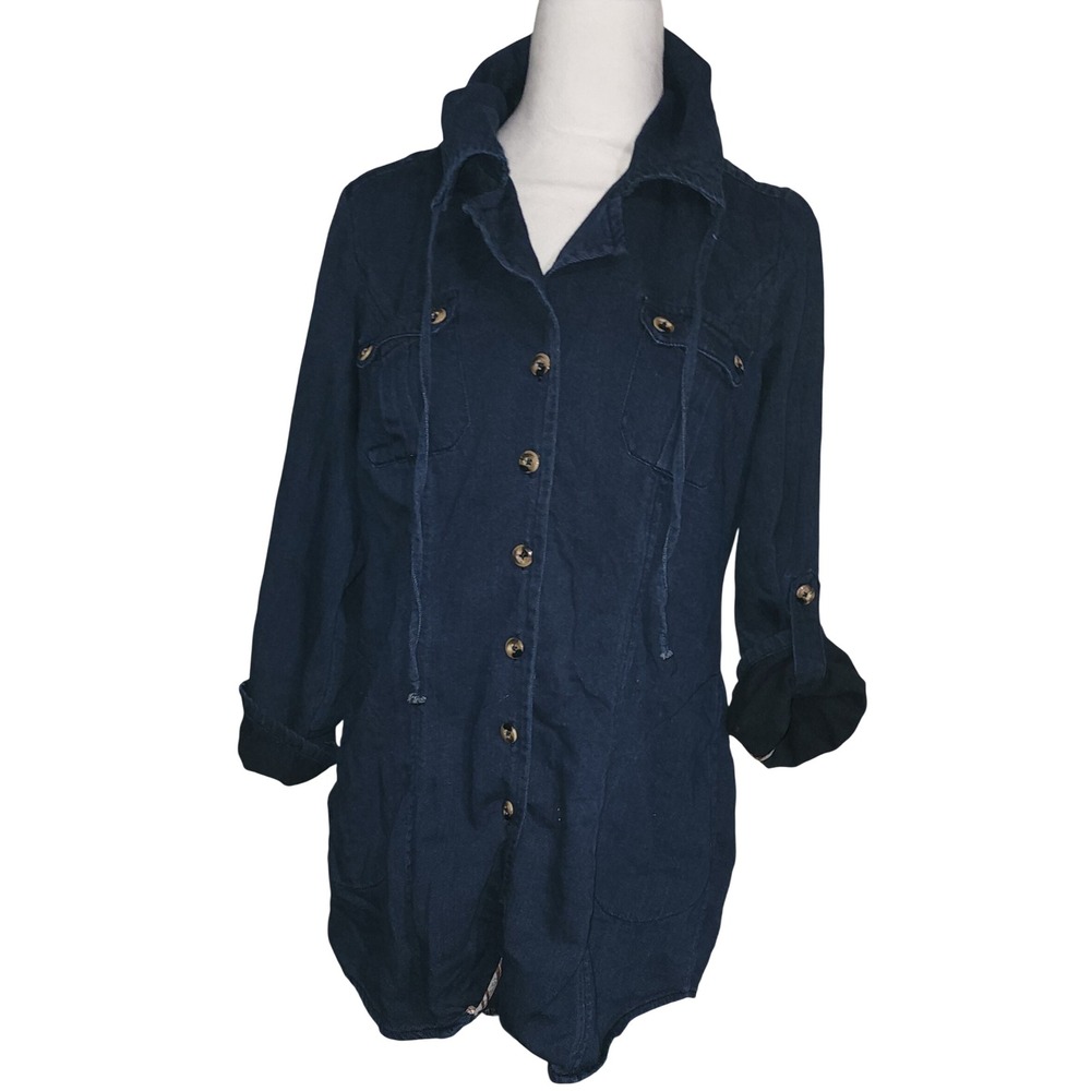Cabi Denim Tunic Top Roll Tab Sleeve Button Down Shirt Size Small